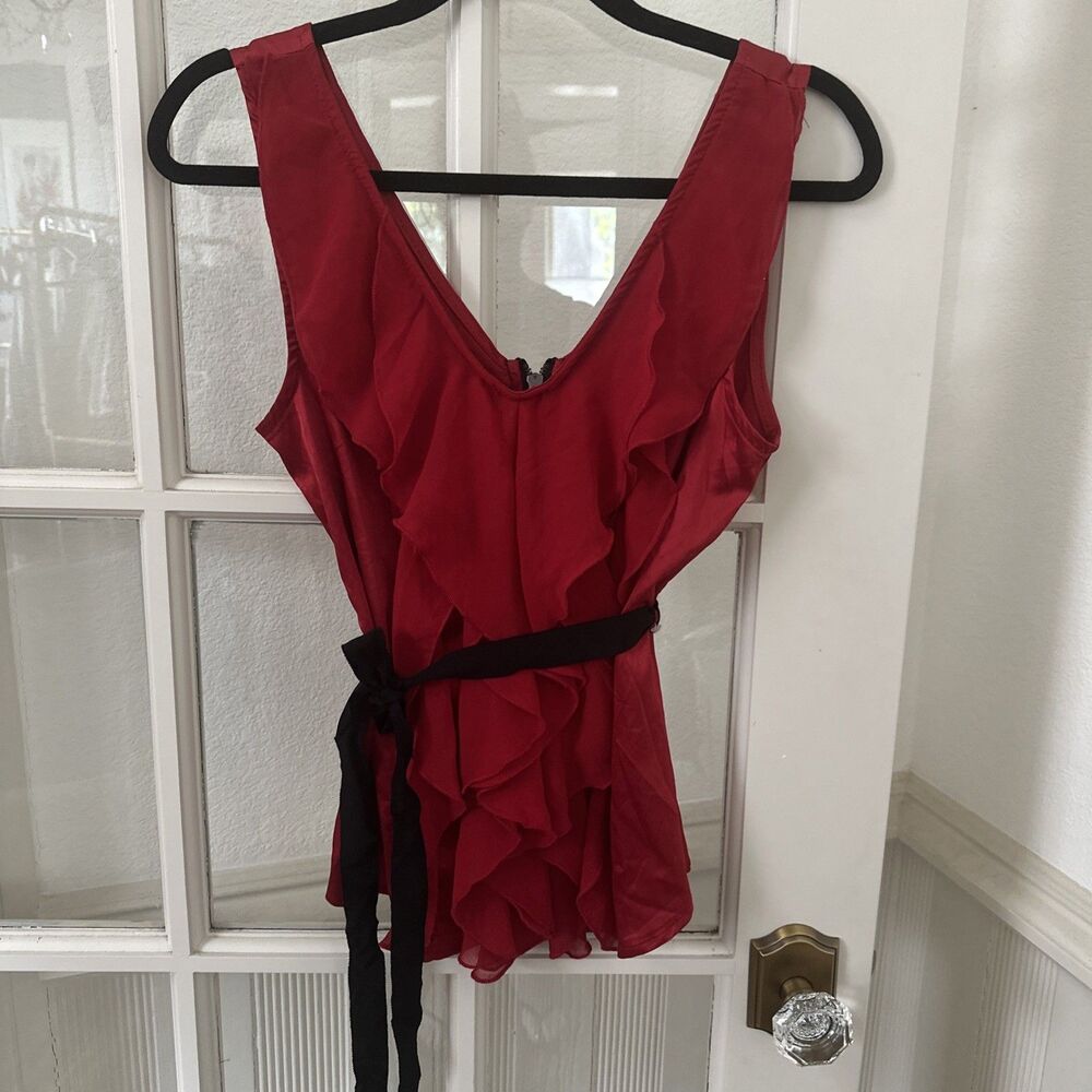 Vintage Satin Blouse Red Black Ribbon Tie Women's Small Zipper Back